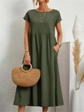 Long summer dress with short sleeves and round neck