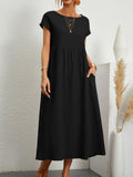 Long summer dress with short sleeves and round neck