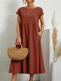 Long summer dress with short sleeves and round neck