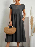 Long summer dress with short sleeves and round neck