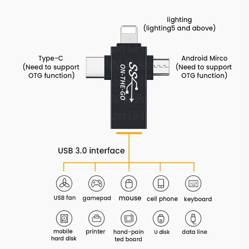 Connecteur USB 3 en 1 universel - USB, Iphone, Android, PC, Tablette