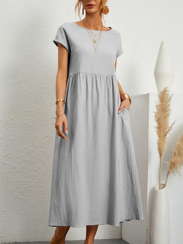 Long summer dress with short sleeves and round neck