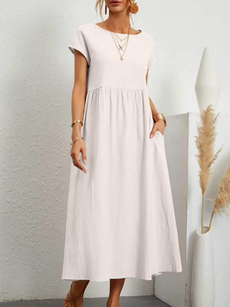 Long summer dress with short sleeves and round neck