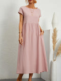 Long summer dress with short sleeves and round neck