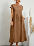 Long summer dress with short sleeves and round neck