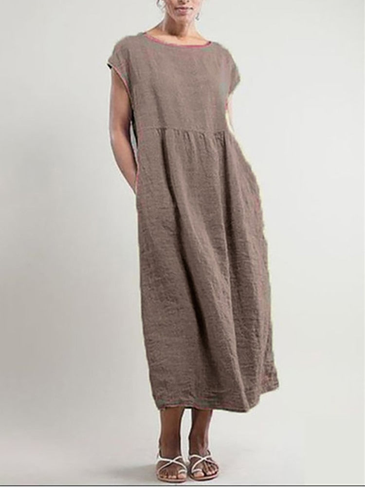 Long summer dress with short sleeves and round neck